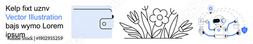 Digital finance, nature, technology, online security, botanical line graphics, and artificial intelligence. Digital wallet interface, flower line art and AI connected objects. Digital finance
