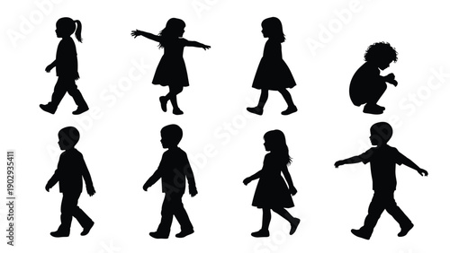 Black, Children, Silhouette, Vector, Set, Walking, Kids, Playing, Girls, and, Boys, for, Childhood, Education, Growth, Family, Activity, Nursery, and, School