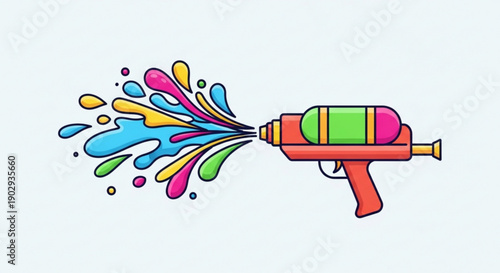 Colorful water gun spraying vibrant paint splashes in multiple hues on a light background for fun and playful concepts