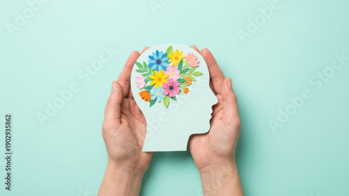 Mental Wellness Concept Hands Hold Papercut Head Silhouette Adorned with Colorful Paper Flowers