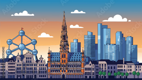 Vector illustration of Brussels skyline with Atomium and Town Hall showcasing urban architecture