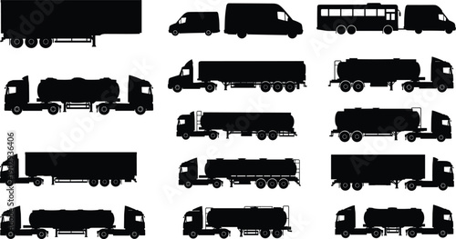 Black silhouette collection of commercial vehicles including trucks, tankers, vans, and buses arranged in grid format for logistics transport illustration