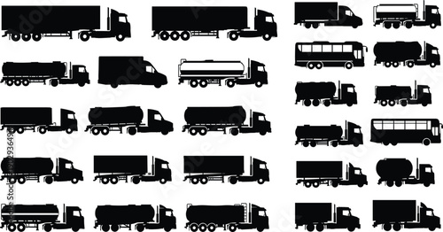 Collection of black silhouette icons featuring trucks, tankers, delivery vans, and buses arranged in grid format for logistics and transport design