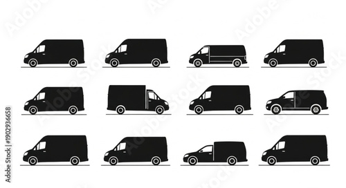 Collection of black van silhouettes on white background.