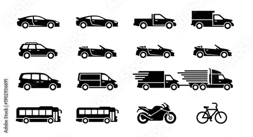 Collection of black vehicle silhouettes on white background.