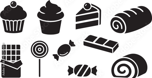 Sweet dessert and candy silhouette icon set. Bakery symbols including cupcake, chocolate bar, lollipop, and wrapped bonbon. Vector food signs.