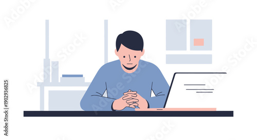 Sad Man Sitting At Desk With Laptop Thinking Deeply About Work Or Personal Problems With Folded Hands In Office Setting