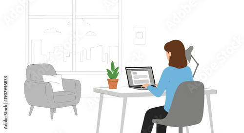 Woman working on laptop at desk in modern office space with armchair and potted plant