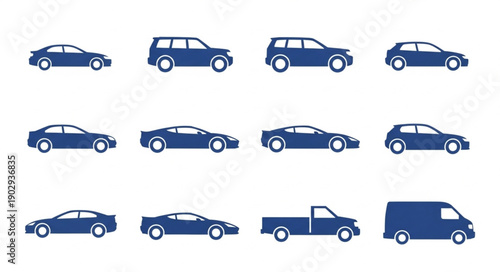 Collection of blue car icons and vehicle types.