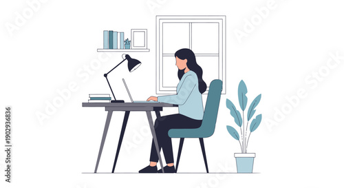 Woman working on a laptop at a desk by a window with a lamp and plant in a clean modern room setting for remote employment or study at home