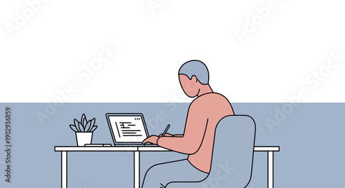 Person working on laptop computer at desk with plant and notebook in sterile office environment conveying productivity and focus in modern workspace