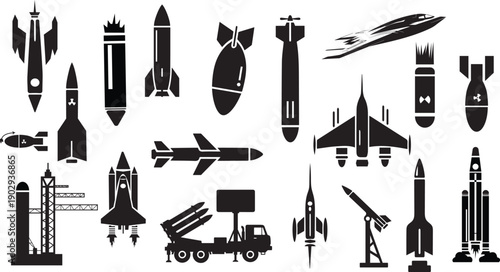Military missile, rocket, and space shuttle icon set. ICBM, bomb, fighter jet, and artillery launcher silhouettes.