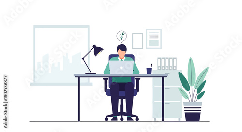 Focused individual working diligently on laptop computer at modern office desk with lamp and green plant providing a productive workspace environment