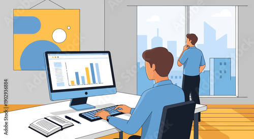 Business professional analyzes digital financial charts on computer screen at modern office desk near window with cityscape view and colleague