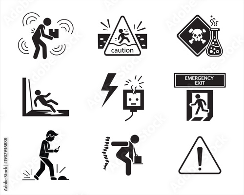Workplace safety warning icon set. Danger symbols for electric shock, toxic chemical, slippery floor, tripping hazard, and emergency exit.
