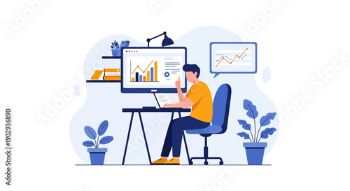 Man analyzes financial data on computer screen working at home office desk with plants and lamp illuminating workspace for business growth concepts