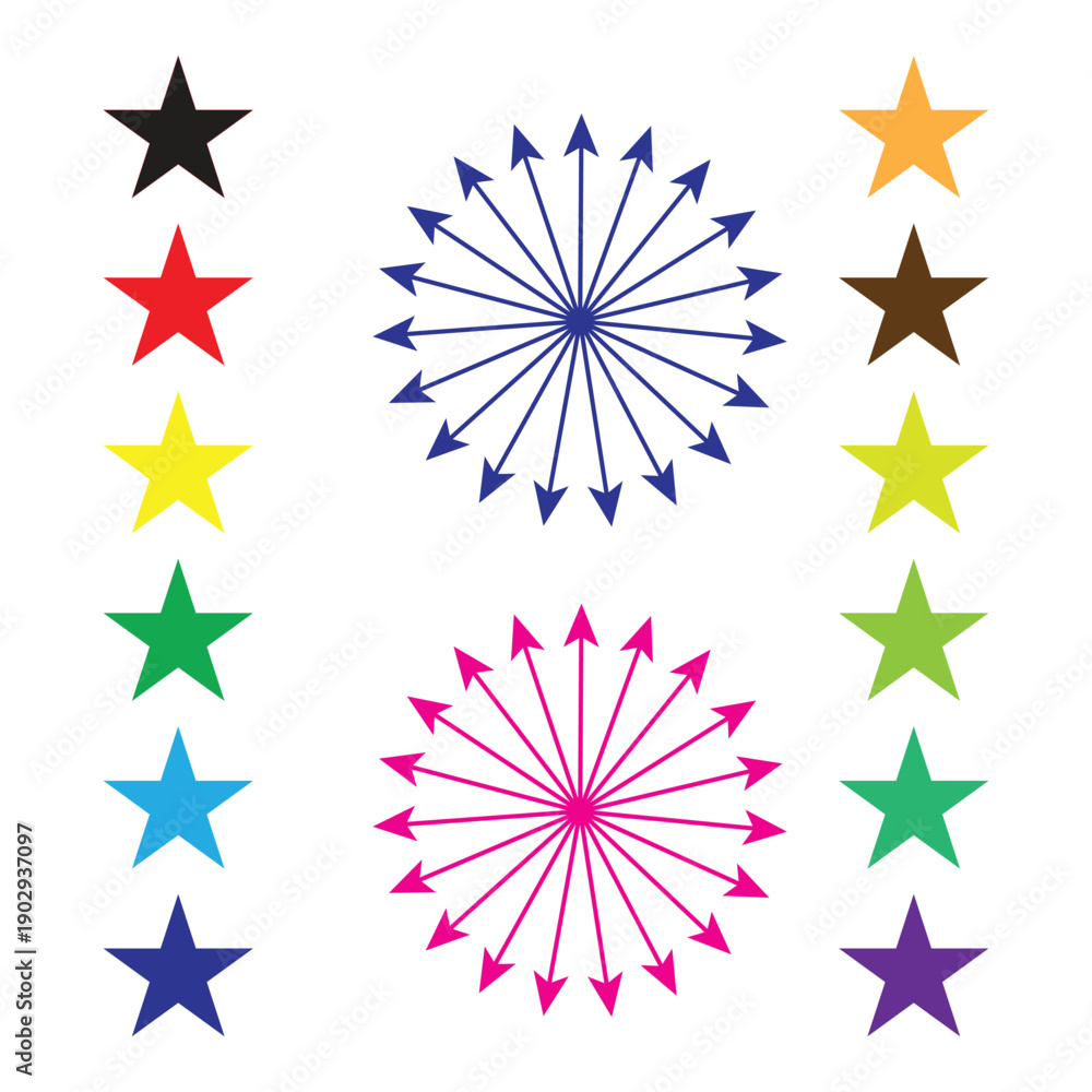Obraz premium Colorful Star Icons and Radial Arrow Burst Design Set on White Background