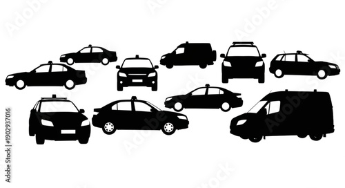 Collection of black taxi silhouettes on white background.