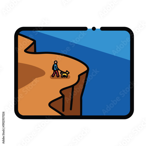 A person walks a dog on a cliff