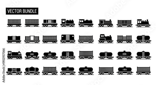 Collection of black train silhouettes on a white background.