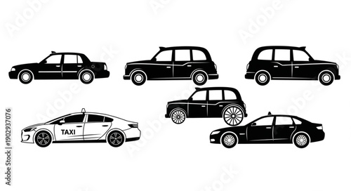 Collection of Black Taxis and Cars for Transportation Services.