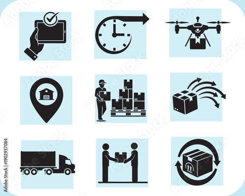 Logistics and supply chain process icon set. Vector symbols for delivery tracking, drone shipping, warehouse inventory, and reverse logistics.