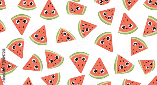 Seamless pattern featuring cute cartoon watermelon slices with smiling faces and seeds scattered over a clean white background for kids.