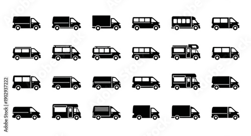 Collection of black van and truck icons on white background.