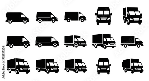 Collection of black van and truck silhouettes isolated on white background.
