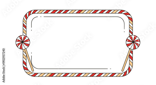 Rectangular frame border decorated with red and white striped peppermint candy canes and lollipops on a clean white background.