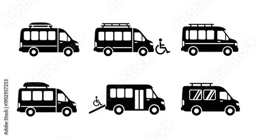 Collection of black van icons with roof racks and wheelchair access.