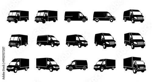 Collection of black van silhouettes isolated on white background.