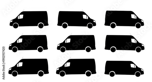 Collection of black van silhouettes on a white background.
