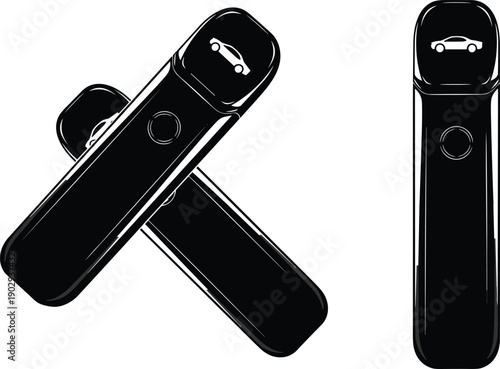 Black silhouette illustration of modern automotive key fobs with car icons and buttons showcasing sleek design for vehicle access and control