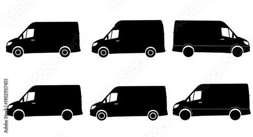 Collection of Black Van Silhouettes on White Background.