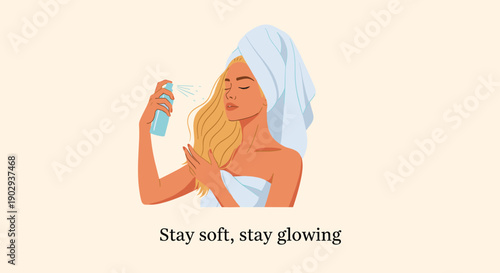 Young woman with blonde hair wrapped in a white towel applying a hair product with a stay soft stay glowing message.