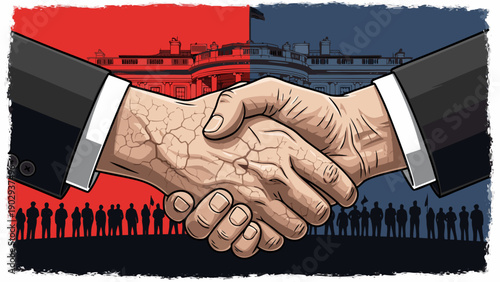 Political handshake vector illustration symbolizing a bipartisan agreement or negotiation with a divided crowd
