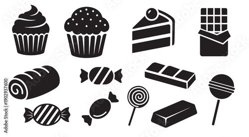 Sweet dessert and candy silhouette icon set. Chocolate bar, cupcake, lollipop, and wrapped bonbon symbols