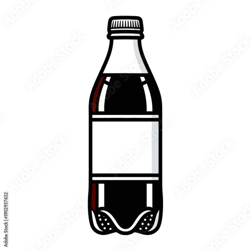 A stylized illustration of a dark-colored beverage bottle with a blank label.