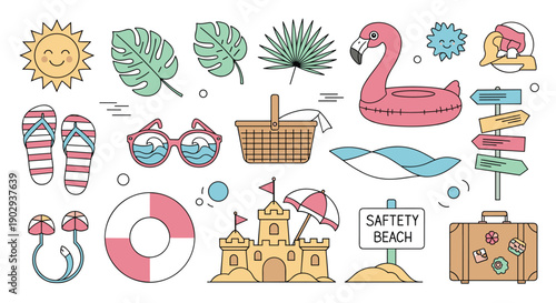 Set of summer beach vacation items including palm leaves sunglasses picnic basket sandcastle flip flops and more in cute pastel colors.