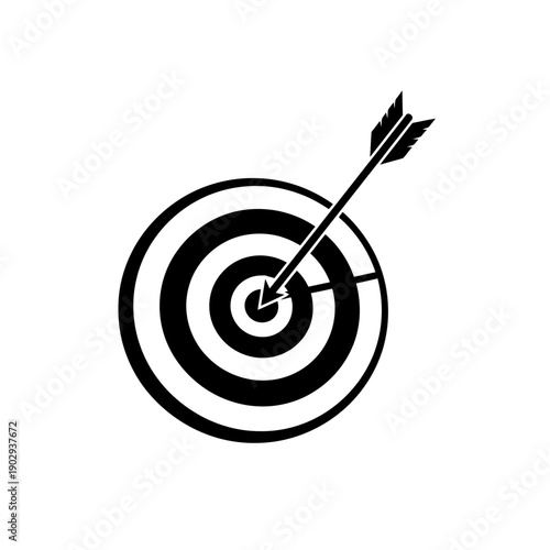 A black and white illustration of an arrow hitting the bullseye of a target.