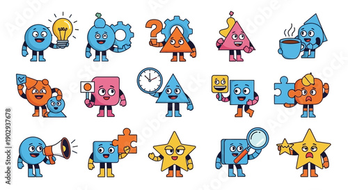 Collection of cartoon geometric shapes with faces and arms, engaged in various activities and holding objects.