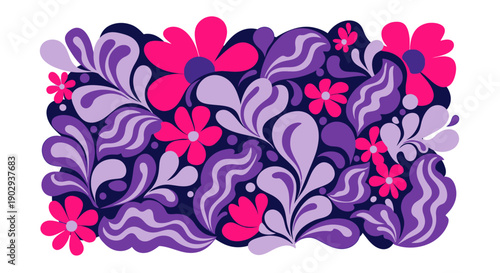 A vibrant and colorful illustration featuring abstract floral and leaf patterns in shades of purple and pink.