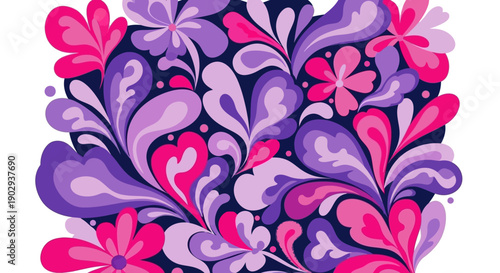 A vibrant and colorful abstract floral pattern with swirling shapes in shades of pink and purple.