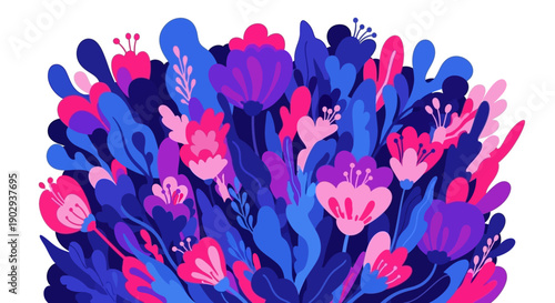A vibrant and colorful illustration of a dense bouquet of abstract flowers and leaves in shades of pink, purple, and blue.