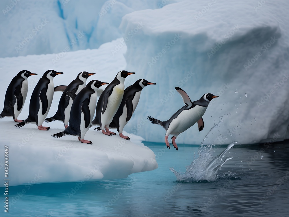 Obraz premium Gentoo penguins leap from an icy shelf into the cold Antarctic ocean, creating a splash.