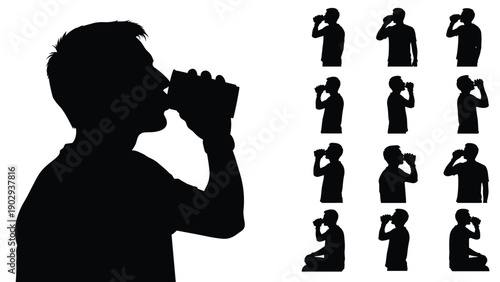 Black, silhouette, set, of, man, drinking, from, can, soda, water, energy, drink, beverage, collection, male, profile, side, view, isolated, white, background, vector, illustration, icons.