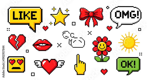 A collection of pixel art icons representing various emotions, actions, and objects, including a 'LIKE' speech bubble, a broken heart, lips, a star, a bow, a sun, a flower, and an 'OK!' speech bubble.