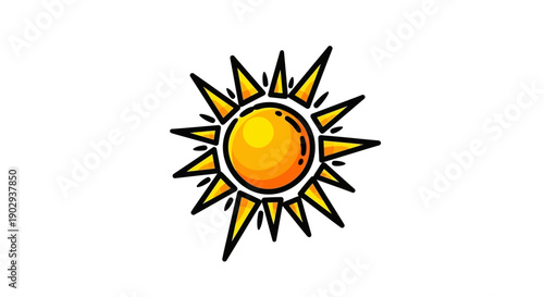 A stylized, cartoonish illustration of a bright yellow sun with sharp, pointed rays against a white background.