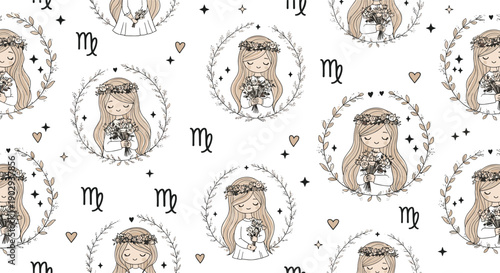 Adorable seamless pattern showing little girls with flower crowns and bouquets representing the virgo zodiac sign among stars and hearts.